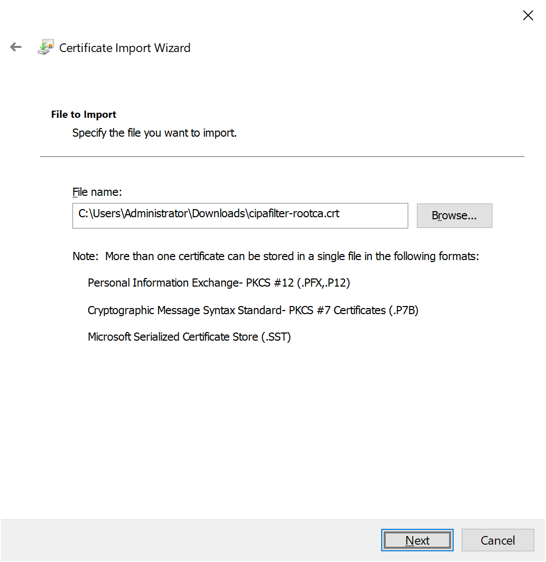 Windows Certificate Import Wizard